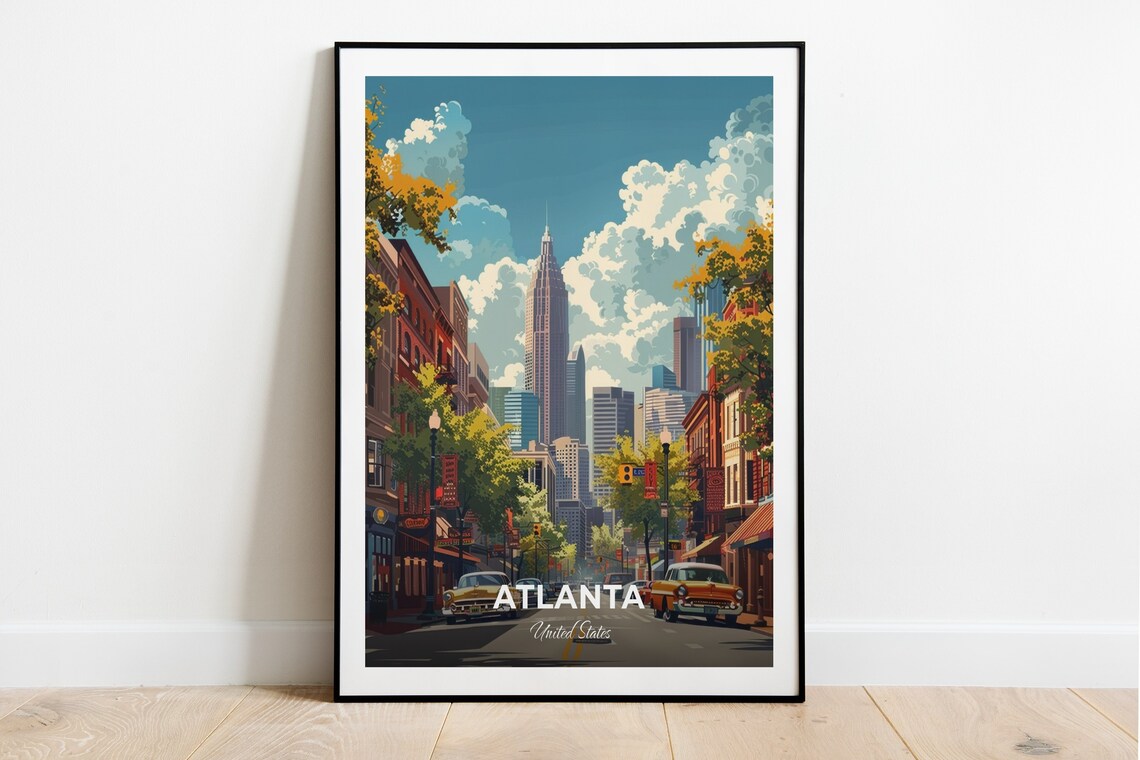 Atlanta Downtown Skyline Classic Cars Street Scene Travel Poster