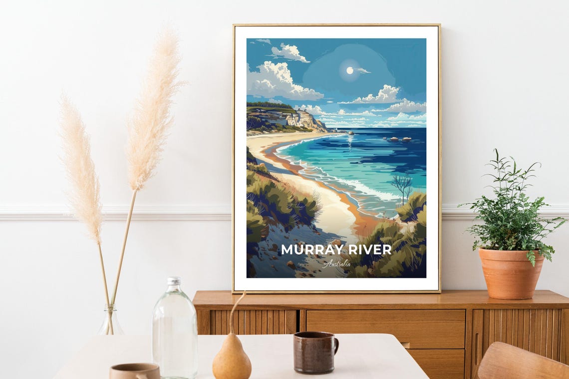 Murray River Australia Sandy Beach Cliffs Moonlight Travel Poster - Image 3