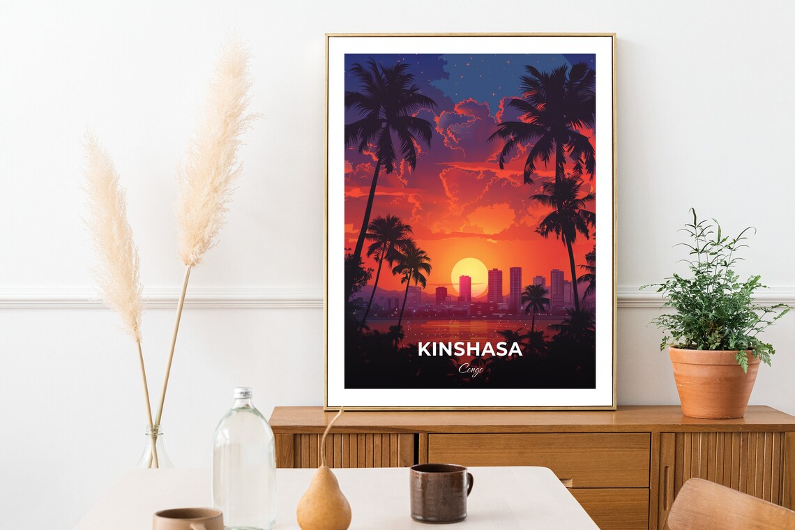 Kinshasa Congo Sunset City Skyline Palm Trees Vintage Travel Poster - Image 2