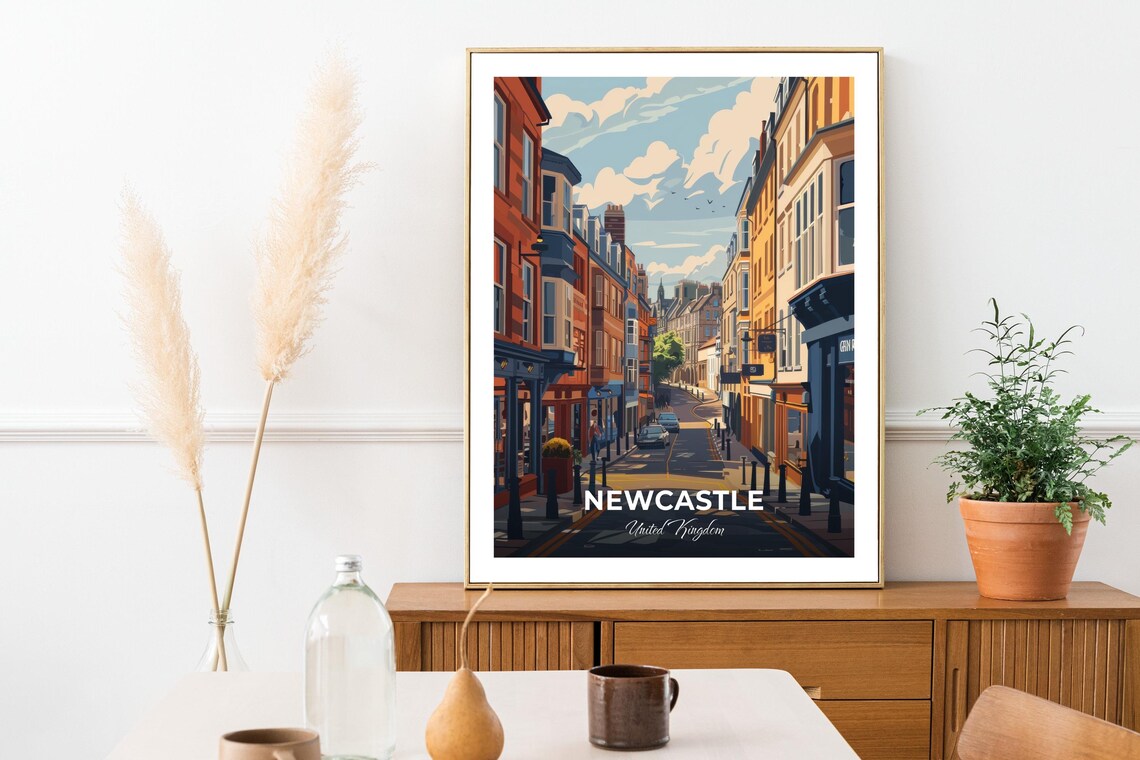 Newcastle United Kingdom Grey Street Shops Day View Art Poster - Image 3