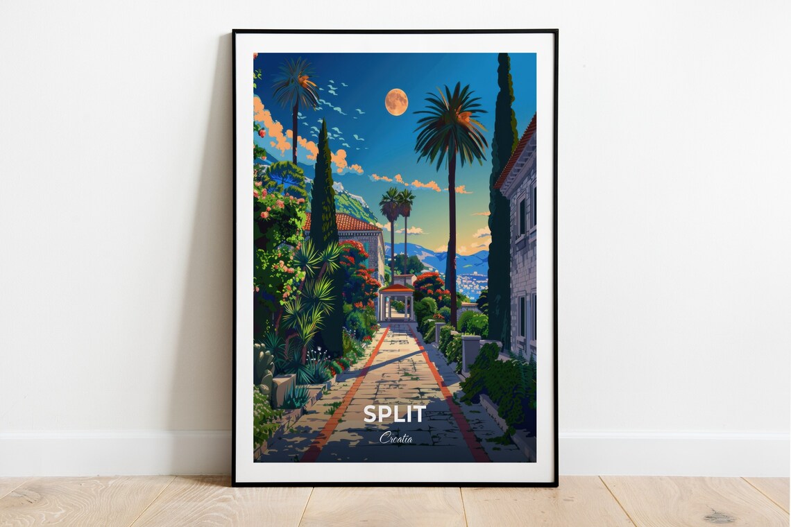 Split Moonlit Garden Pathway At Dusk With Palm Trees Croatia Travel Poster
