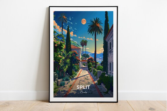 Split Moonlit Garden Pathway At Dusk With Palm Trees Croatia Travel Poster