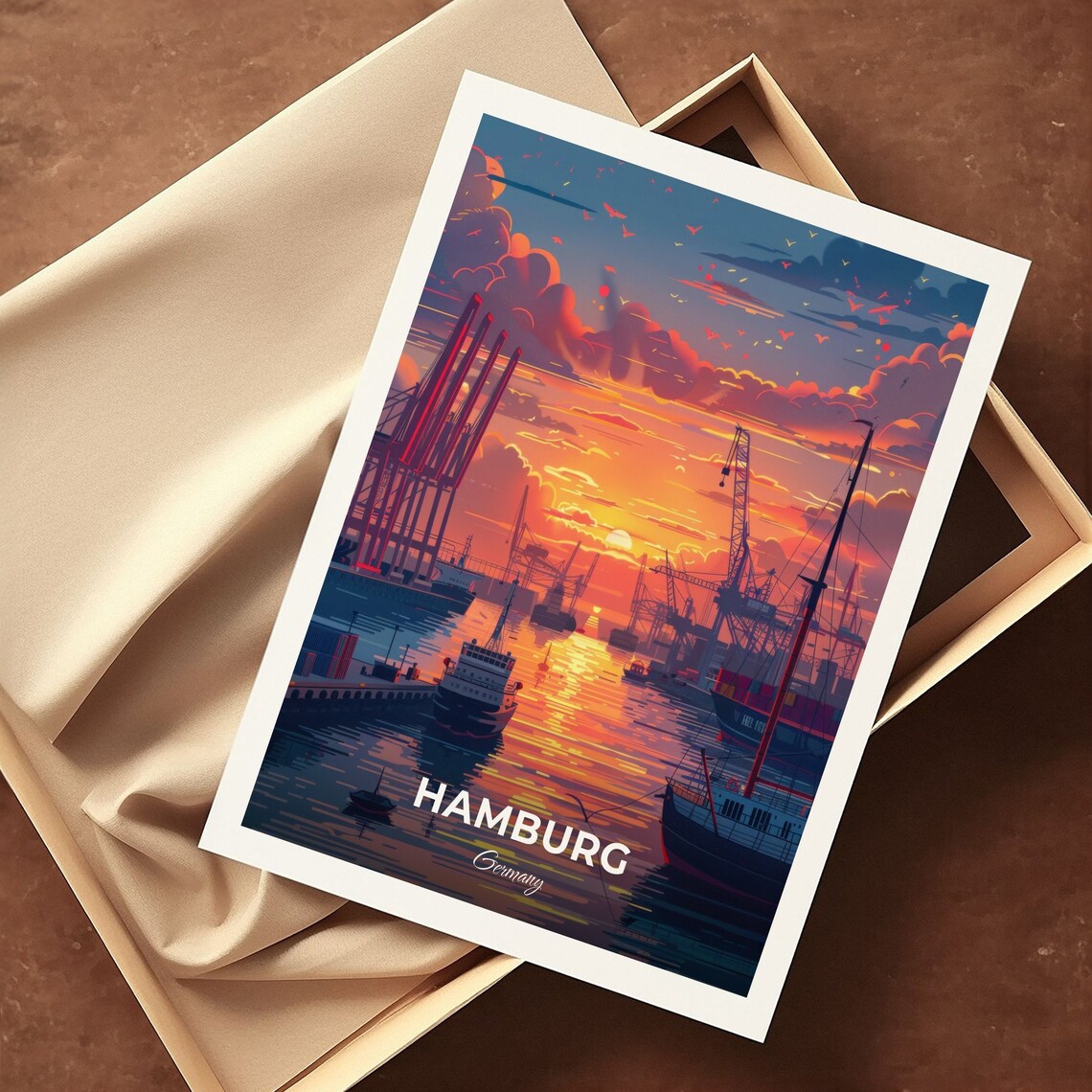 Hamburg Germany Port Harbor Sunset Cranes Ships Travel Poster - Image 3
