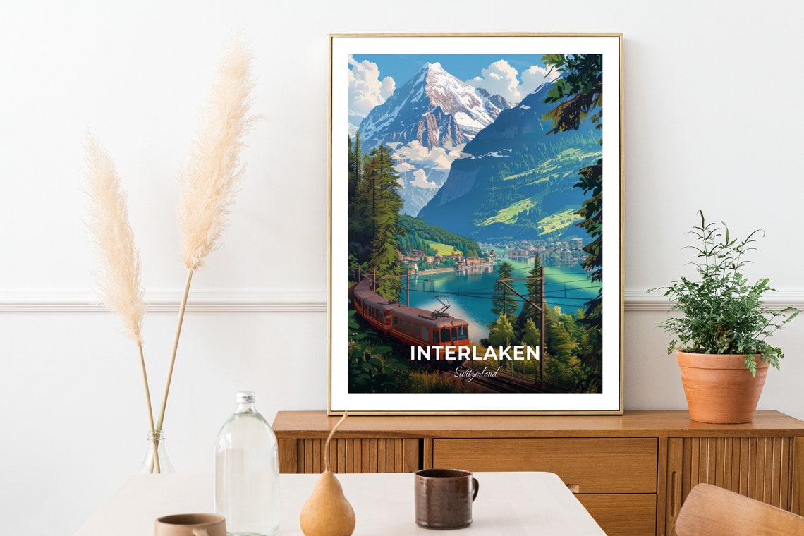 Interlaken Switzerland Travel Poster Alpine Railway Lake Eiger Artwork - Image 2