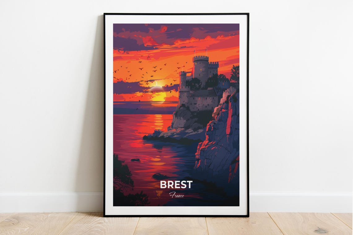 Brest France Cliffside Castle Dramatic Sunset Sea Travel Poster