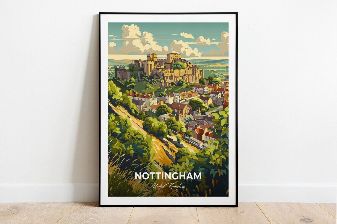 Nottingham United Kingdom Castle Hillside Vintage Travel Poster