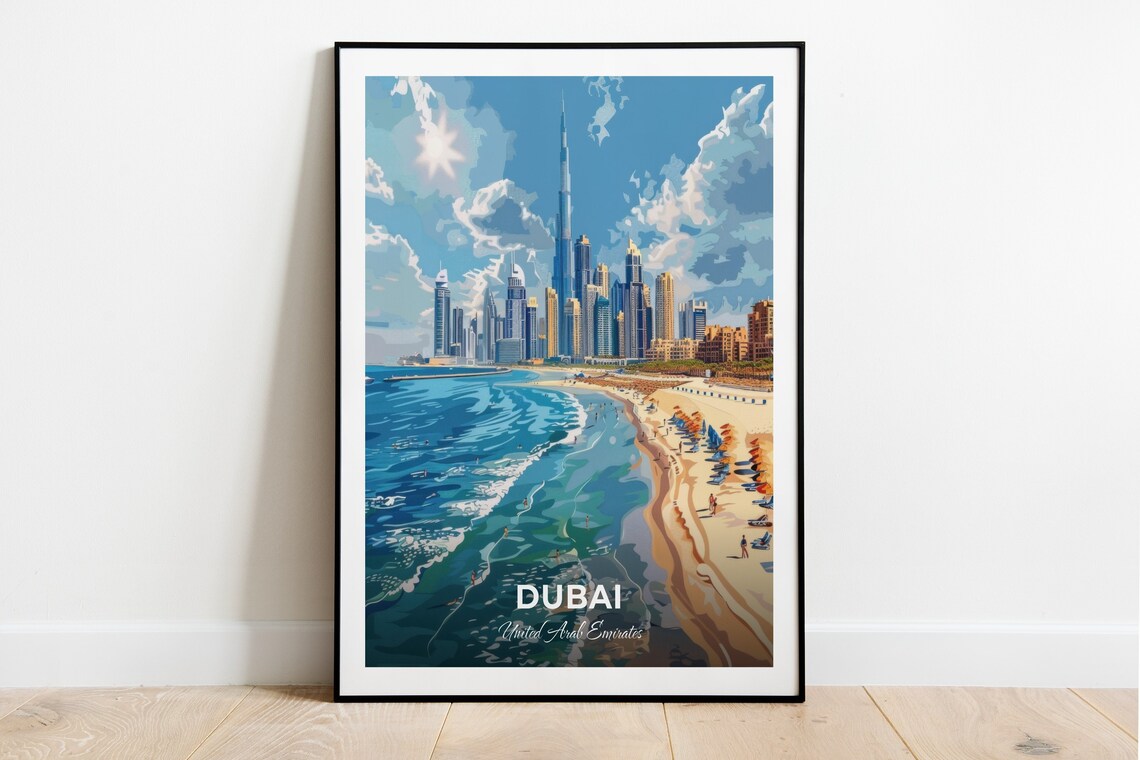 Dubai Jumeirah Beach Burj Khalifa Skyline UAE Vintage Travel Poster