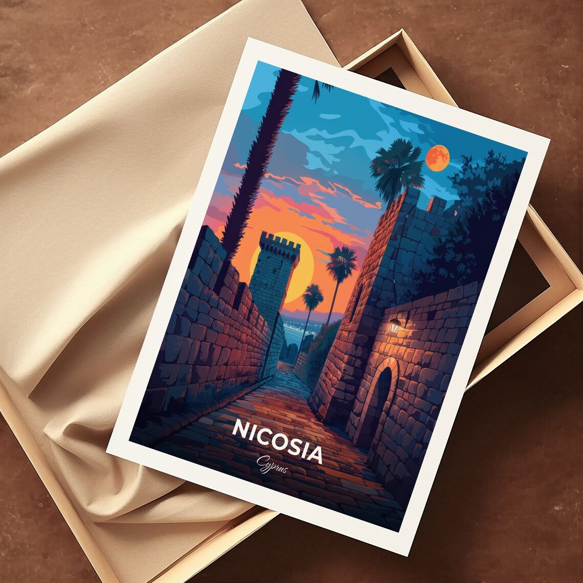 Nicosia Cyprus Famagusta Gate Stone Walls Sunset Palms Travel Poster - Image 3