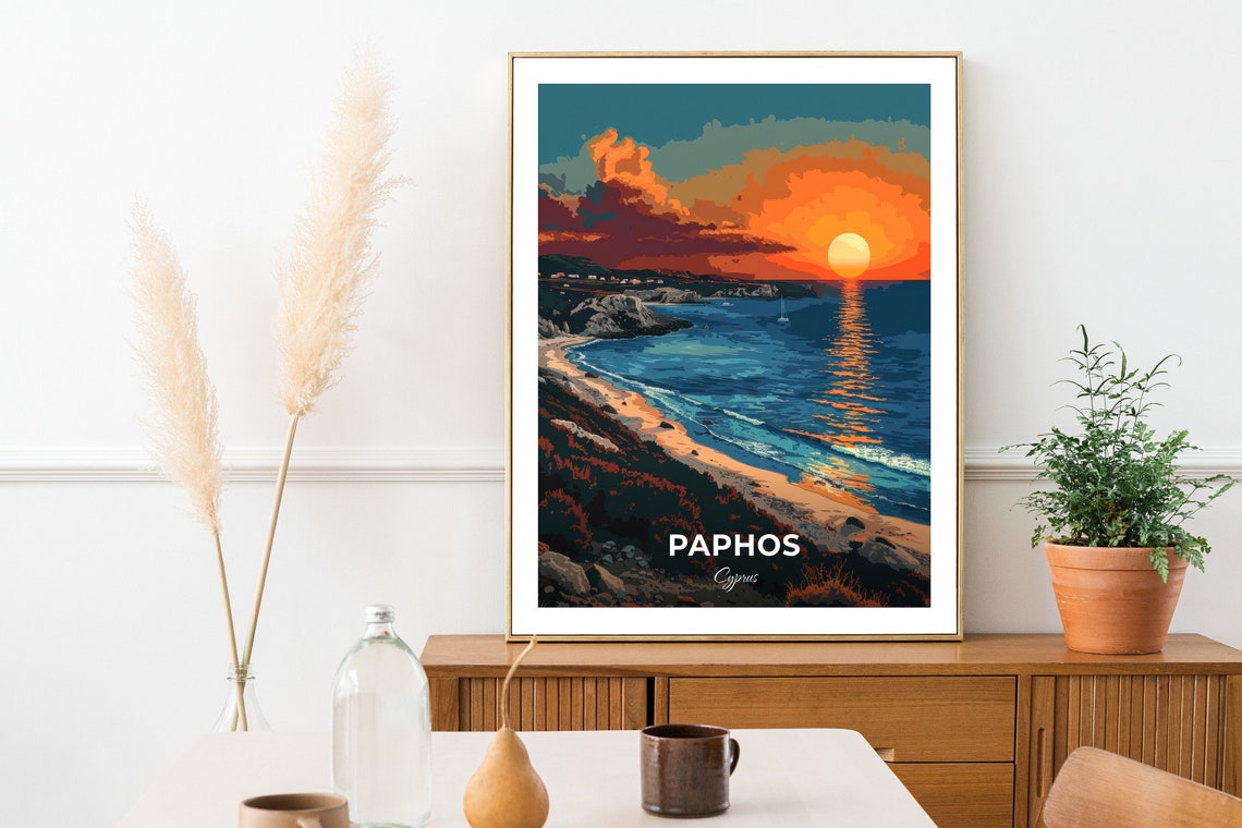 Paphos Cyprus Fiery Ocean Sunset Beach View Travel Art Poster - Image 2