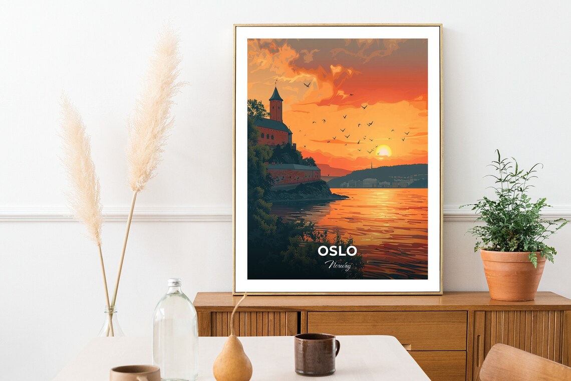 Oslo Akershus Fortress Sunset Over the Fjord Norway Harbor Travel Poster - Image 2