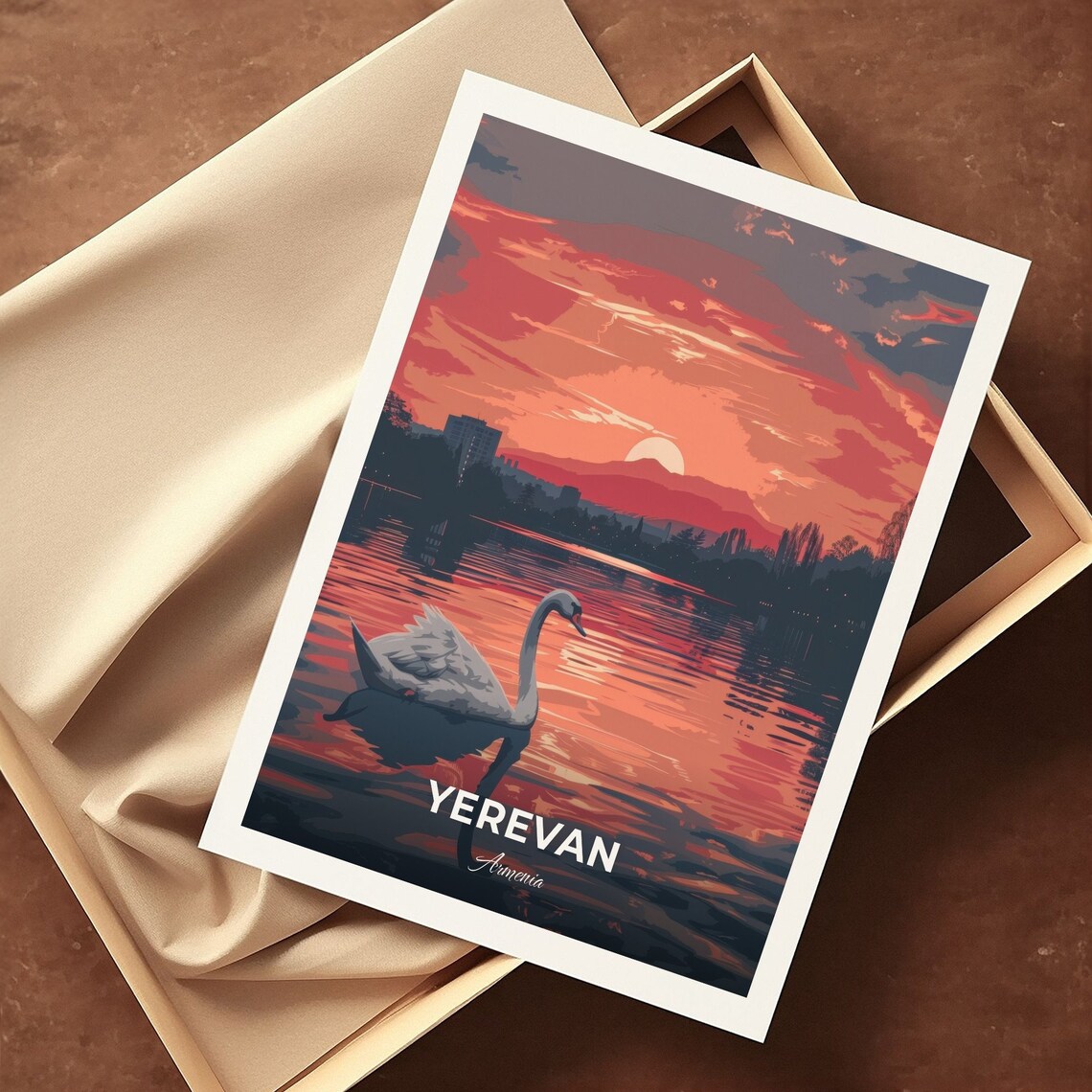 Yerevan Armenia Swan Lake Sunset Wildlife City Travel Poster - Image 3