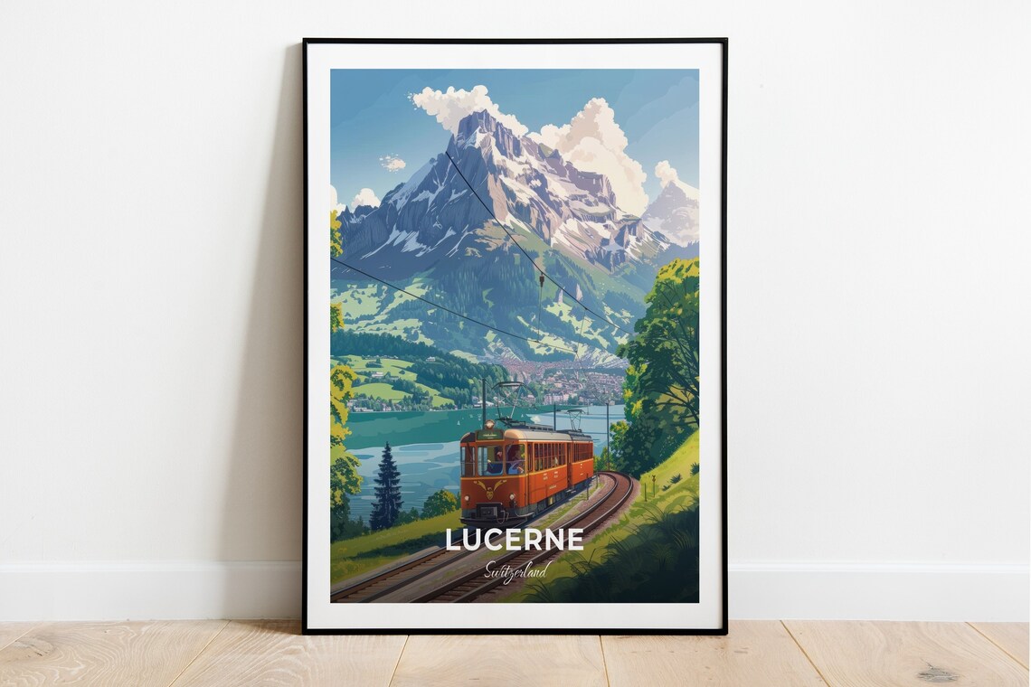Lucerne Switzerland Mountain Railway Tram Lake Travel Poster