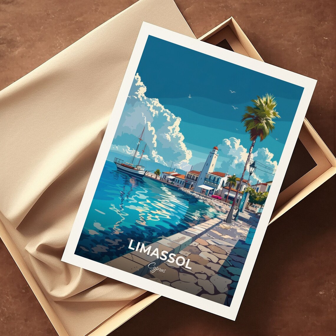 Limassol Cyprus Old Port Lighthouse Travel Poster Harbour Boats Art - Image 3