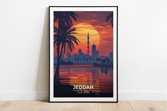 Jeddah Old Town Sunset Waterfront Mosque Silhouette Travel Poster