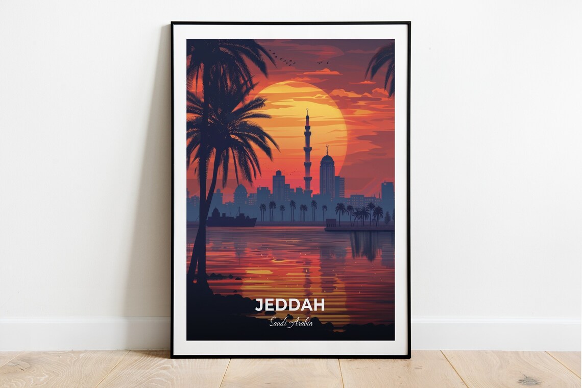 Jeddah Old Town Sunset Waterfront Mosque Silhouette Travel Poster