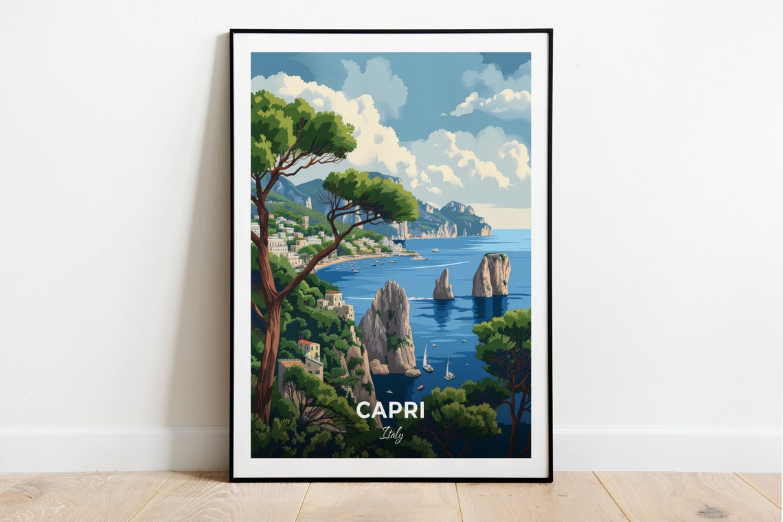 Capri Italy Faraglioni Sea Stacks Sailboats Pine Coast Travel Poster