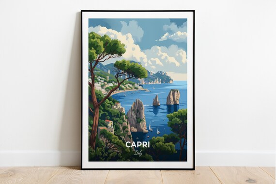 Capri Italy Faraglioni Sea Stacks Sailboats Pine Coast Travel Poster