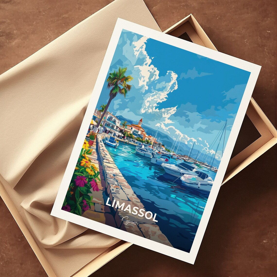 Limassol Marina Harbor Boats Flowers Cyprus Seaside Travel Poster - Image 3