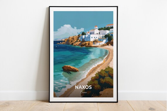 Naxos Turquoise Bay Whitewashed Village Beach Greece Seaside Travel Poster