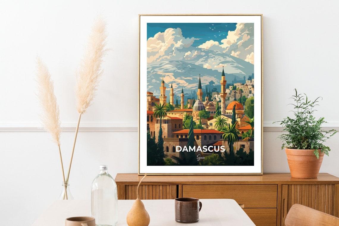 Damascus Old City Minarets Domes Mountain Backdrop Syria Travel Poster - Image 2