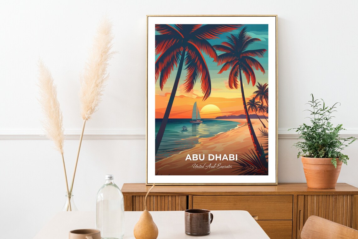 Abu Dhabi UAE Yas Island Sunset Beach Palms Sailboat Scene Travel Poster - Image 2