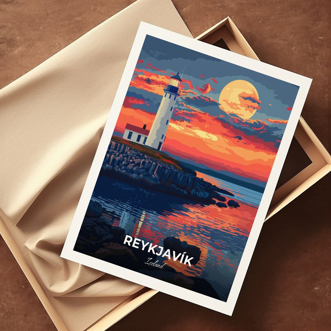 Reykjavik Iceland Lighthouse Sunset Moon Coastal Travel Poster - Image 3
