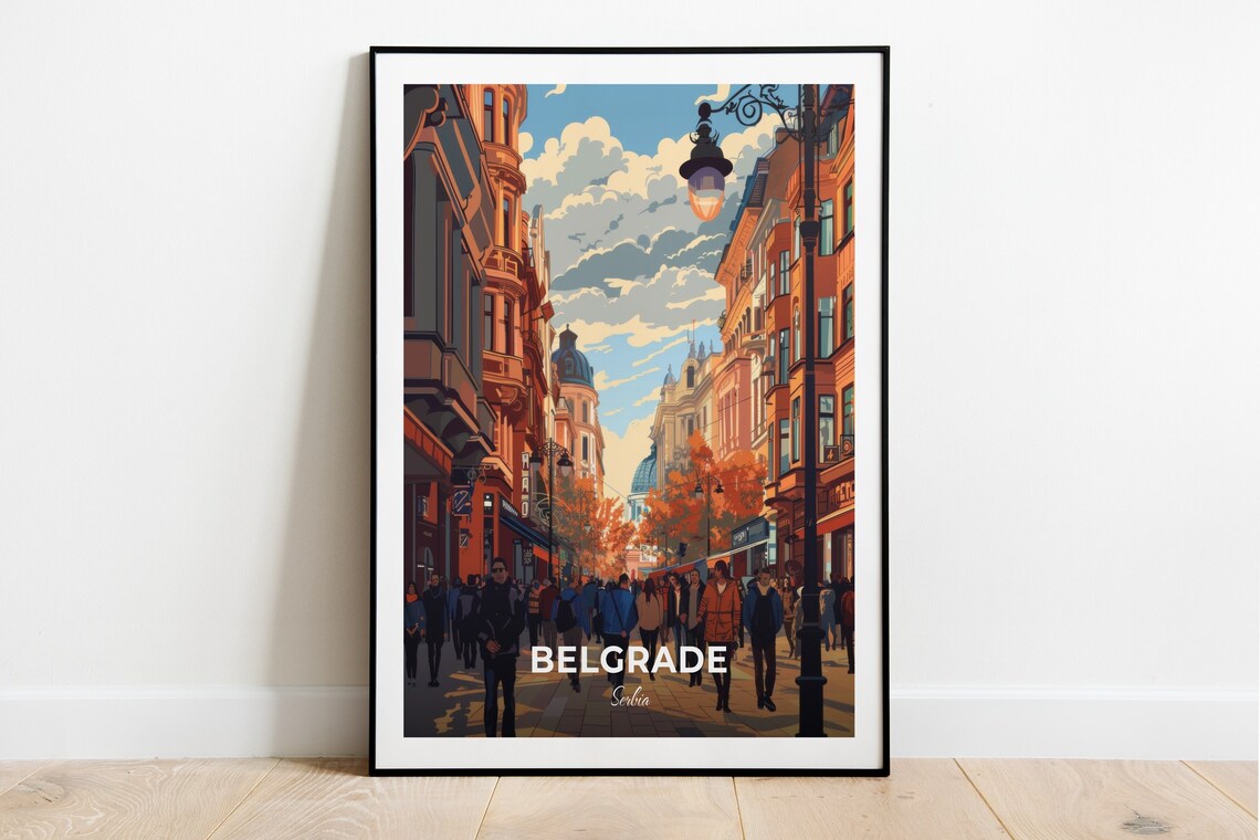 Belgrade Serbia Skadarlija Busy Street Scene Vintage Travel Poster
