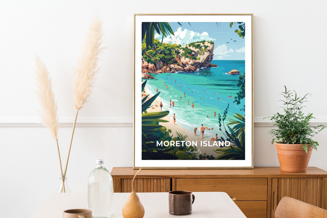 Moreton Island Australia Rocky Cove With Swimmers in Turquoise Sea Poster - Image 3