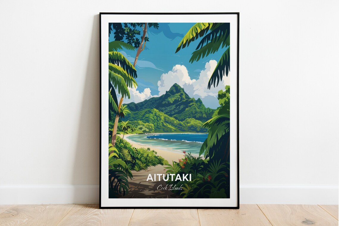 Aitutaki Jungle Cove Mountain Peak Tropical Lagoon Travel Poster