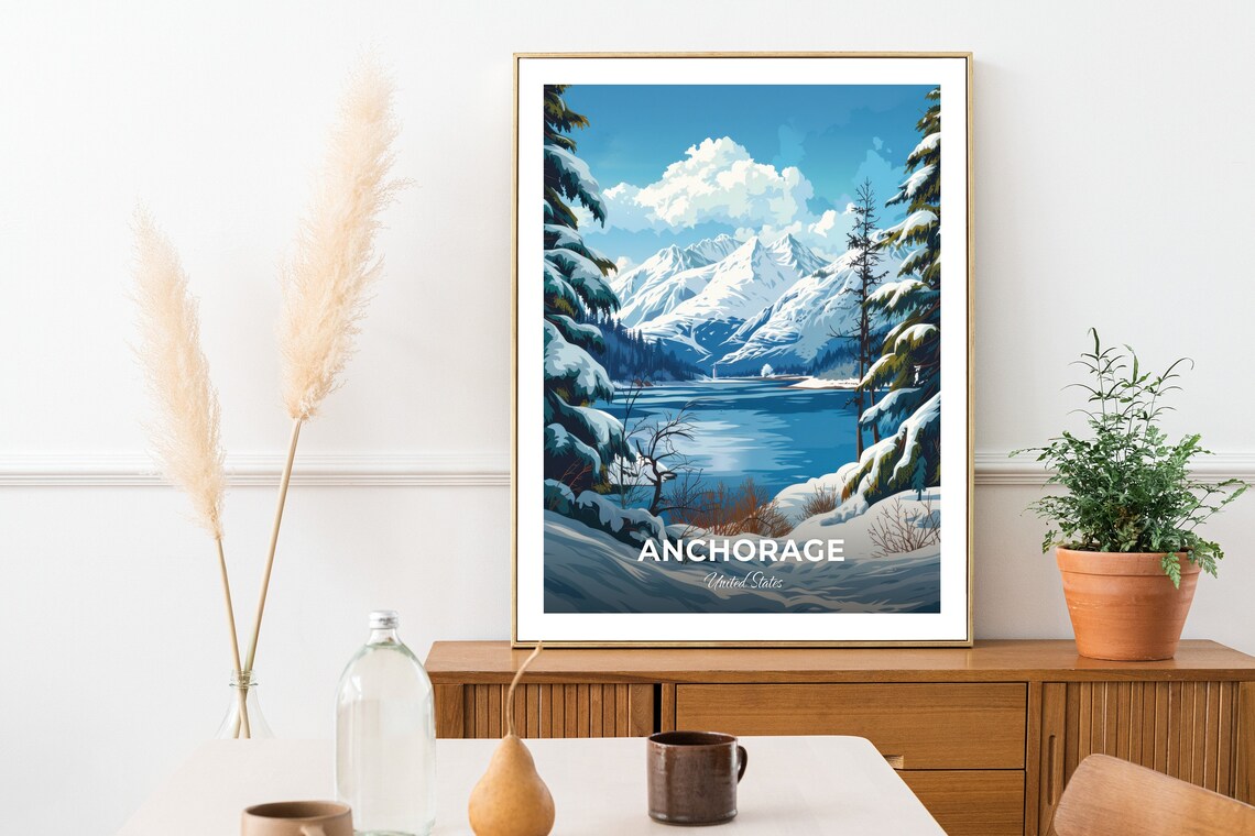 Anchorage Alaska Snowy Mountains Lake Pine Forest Travel Poster - Image 2