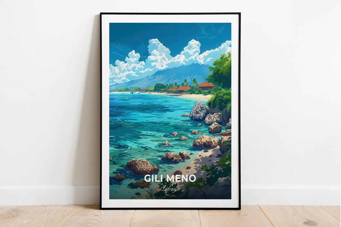 Gili Meno Indonesia Turquoise Beach Volcano Mountain Travel Poster