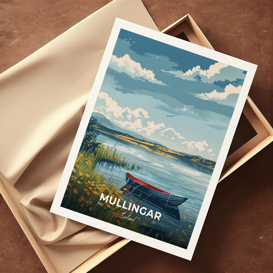 Mullingar Lough Ennell Rowboat Wildflowers Ireland Vintage Travel Poster - Image 3