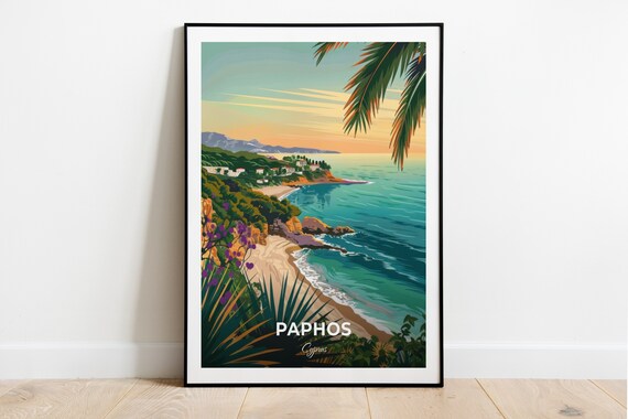 Paphos Travel Poster Coral Bay Beach City Print Cityscape Artwork Birthday Wedding Gift Wall Art Location Print Home Decor