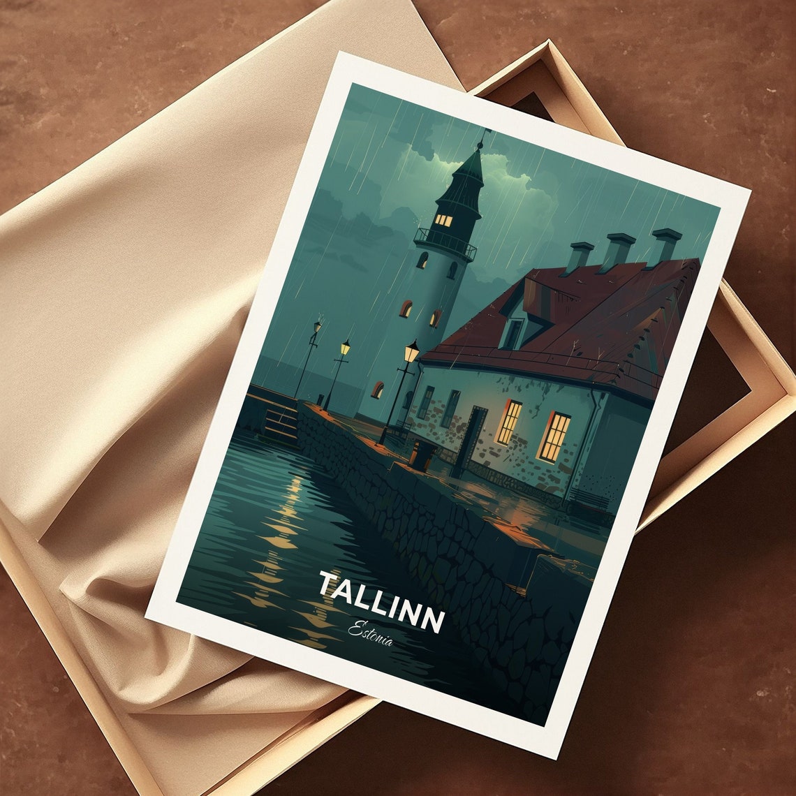 Tallinn Estonia Rainy Night Lighthouse Vintage Travel Poster - Image 3