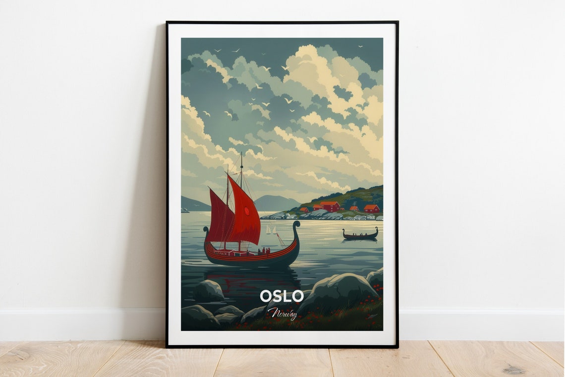 Oslo Viking Ship with Red Sails on the Glassy Fjord Travel Poster