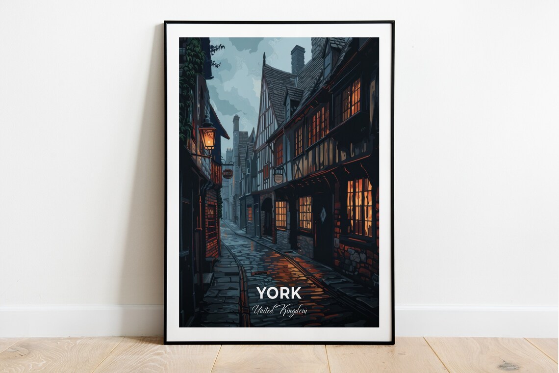 York England Moonlit Medieval Cobbled Street Old Town Travel Poster
