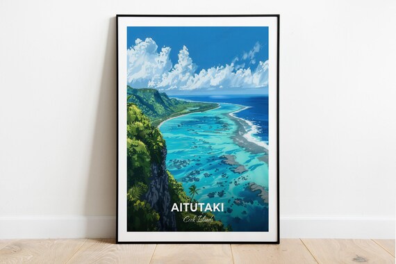 Aitutaki Cook Islands Atoll Lagoon Mountain Tropical Art Poster