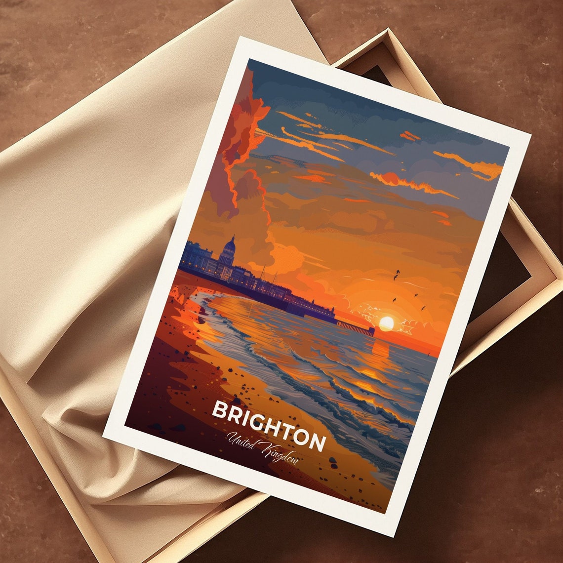 Brighton United Kingdom Beach Sunset Pier Orange Sky Evening Poster - Image 3