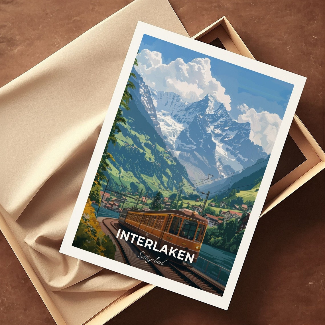 Interlaken Alpine Train Curving Lake Shore Snowy Peaks Travel Poster - Image 3