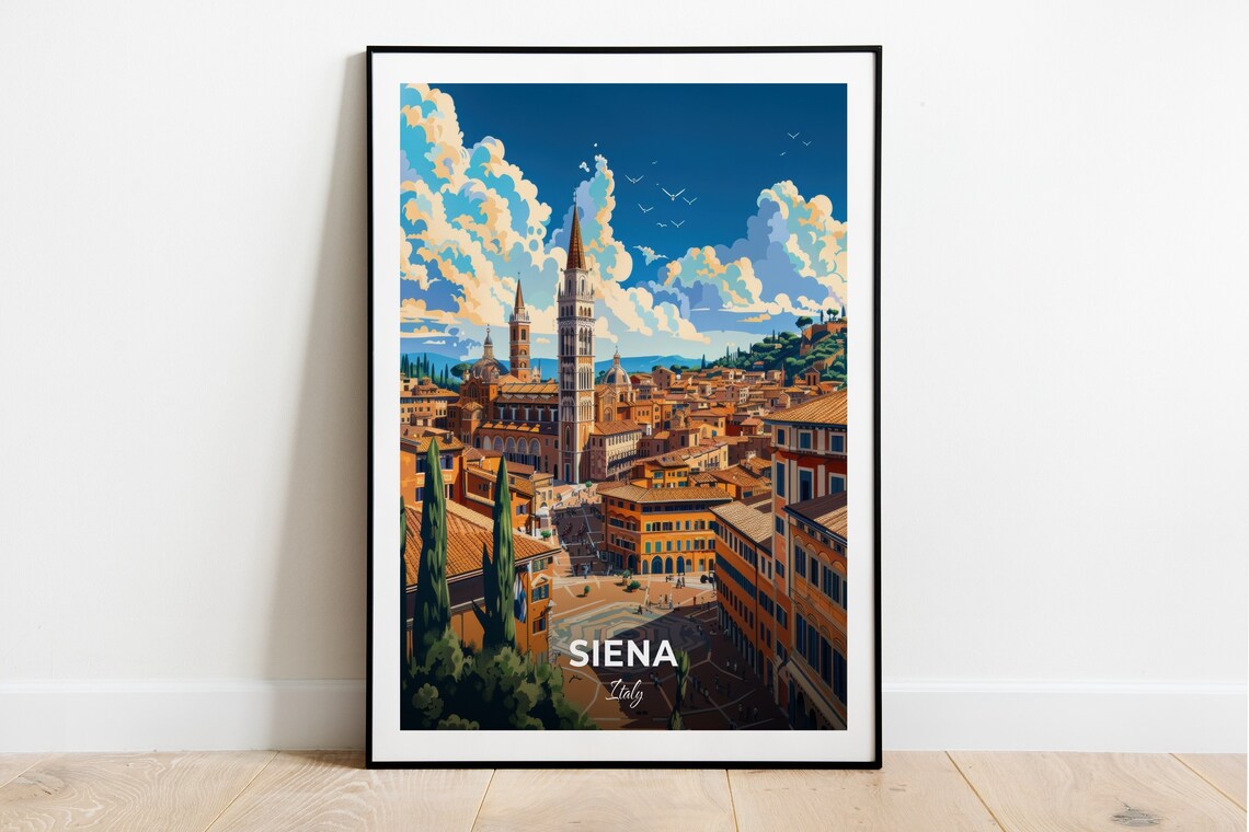 Siena Italy Piazza del Campo Aerial Towers Rooftops Travel Poster