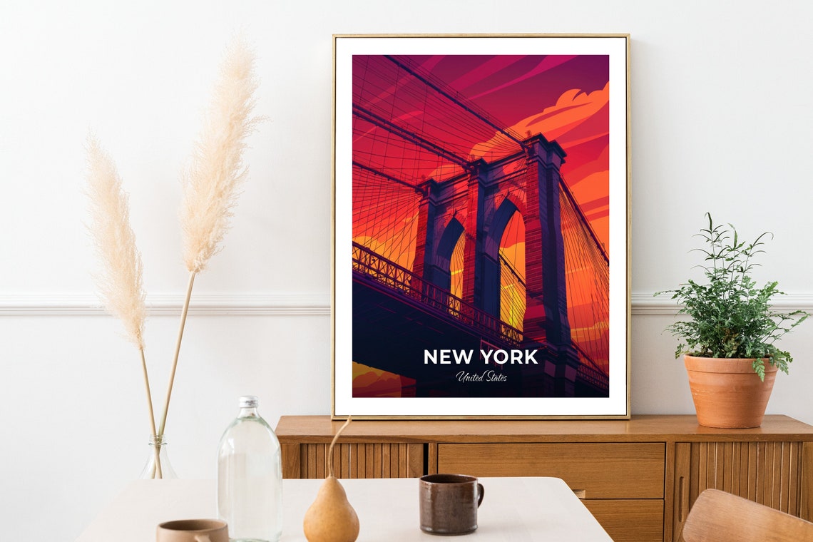 New York Brooklyn Bridge Sunset Travel Poster Fiery Skyline Artwork - Image 2