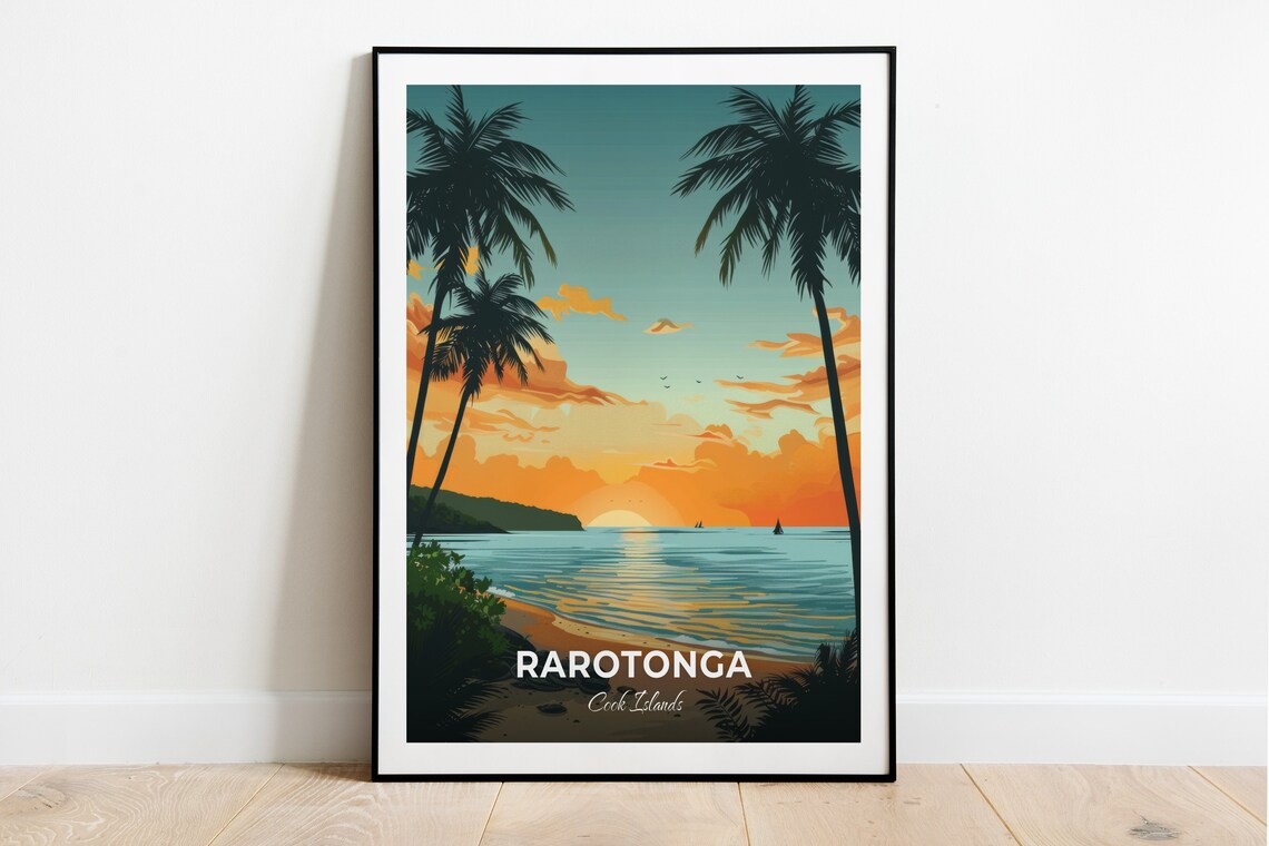 Rarotonga Cook Islands Sunset Beach Palm Trees Travel Poster