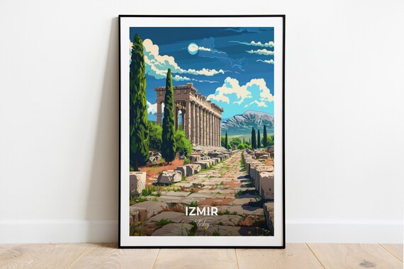 Izmir Ancient Greek Column Ruins With Cypress Trees Turkey Travel Poster