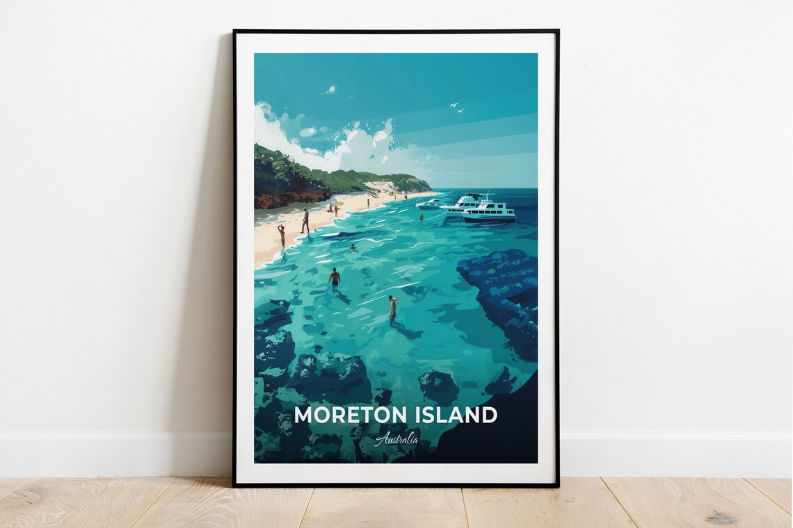 Moreton Island Australia Crystal Clear Shallows With Swimmers Travel Poster