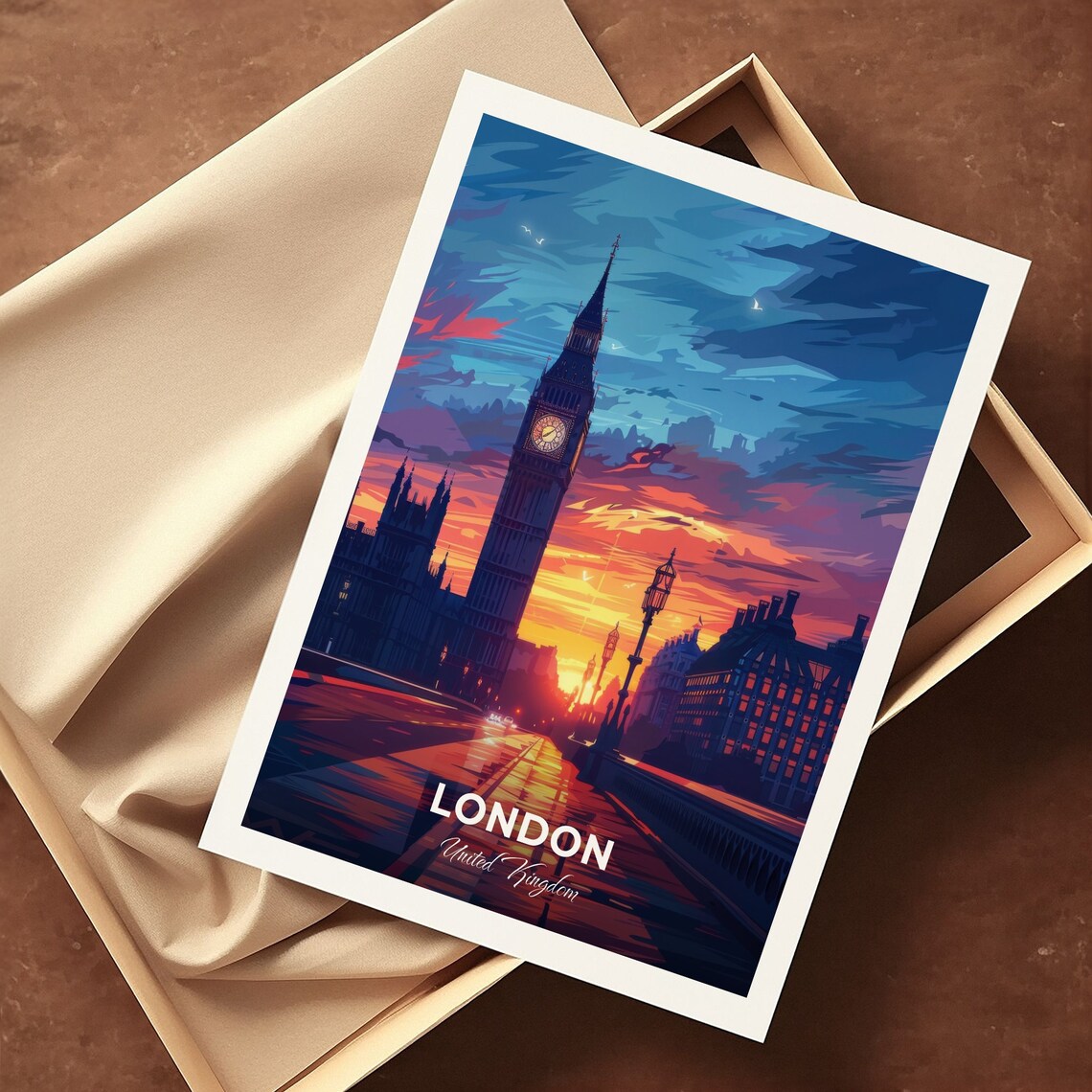 London Big Ben Sunset Westminster Bridge England UK Vintage Travel Poster - Image 3