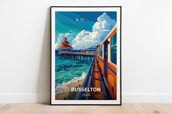 Busselton Australia Jetty Train and Red Roof Pavilion Travel Poster