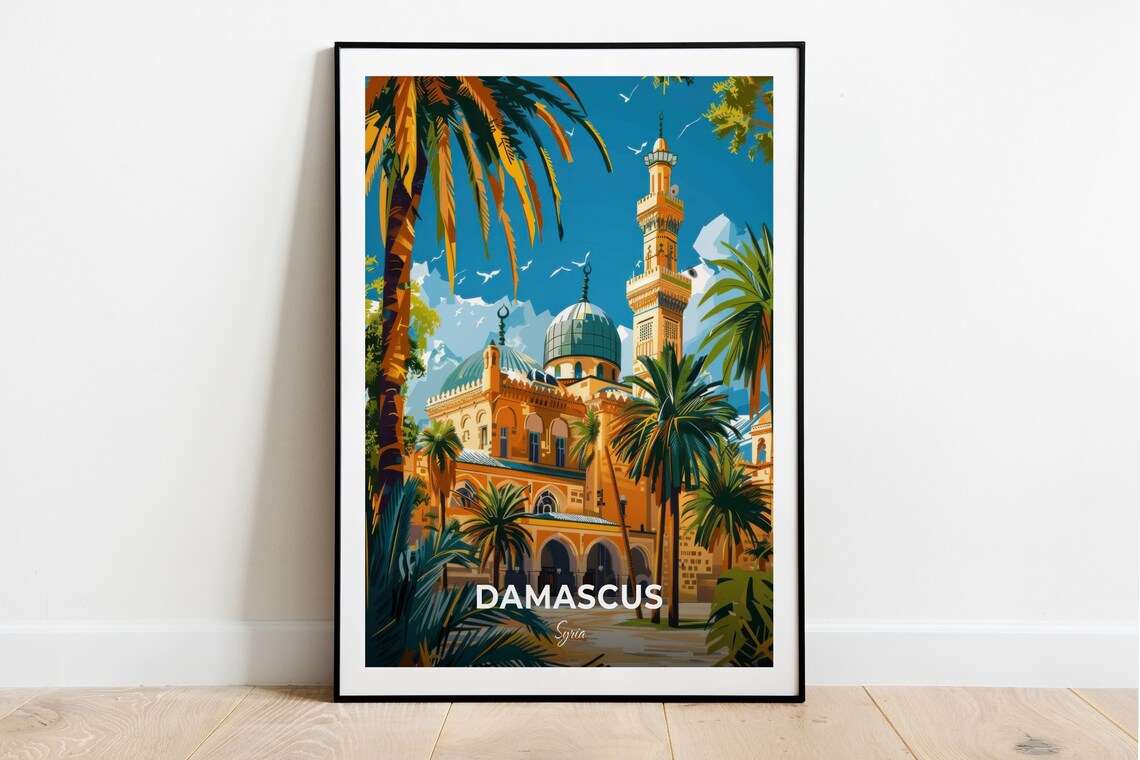 Damascus Syria Historic Dome Minaret Palm Garden Travel Poster