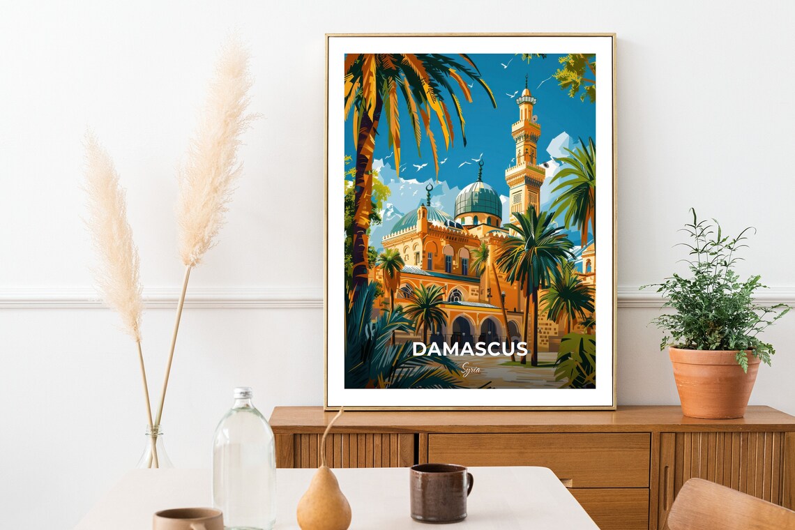 Damascus Syria Historic Dome Minaret Palm Garden Travel Poster - Image 2