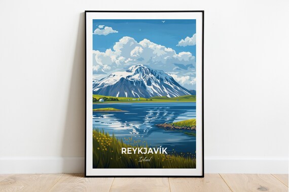 Reykjavik Iceland Snowy Mountain Lake Mirror Reflection Poster