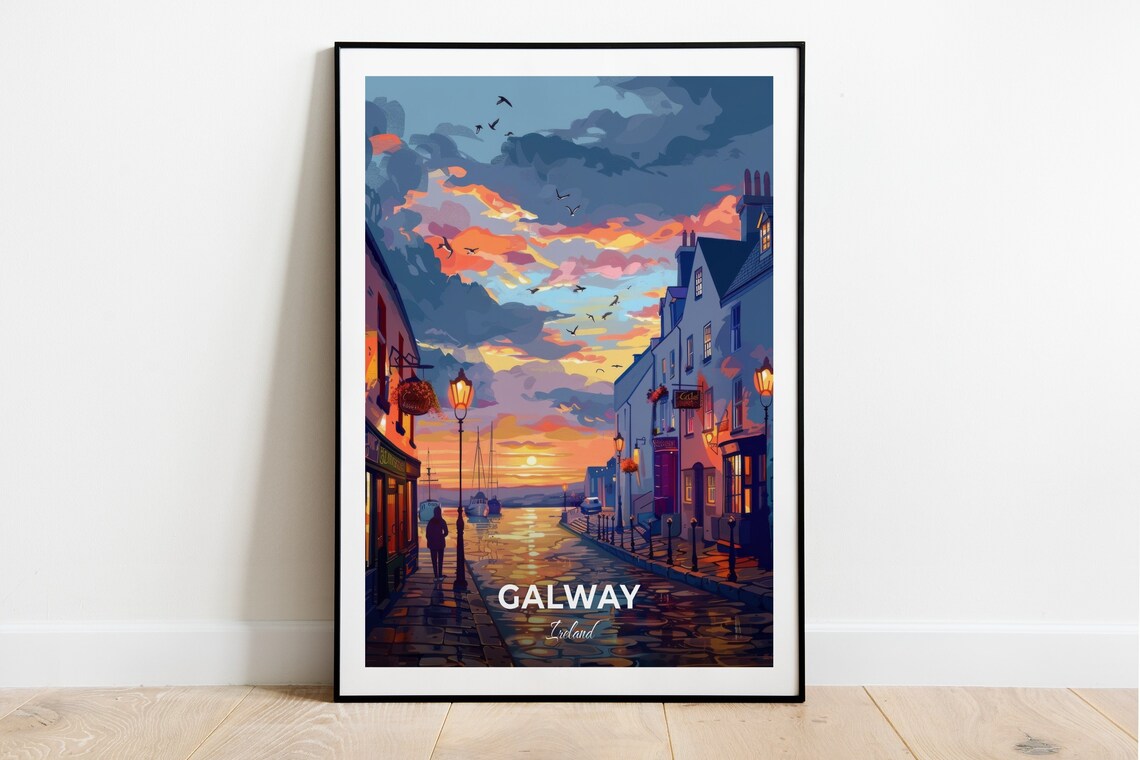 Galway Quay Street Evening Pub Lights and Harbour Travel Poster